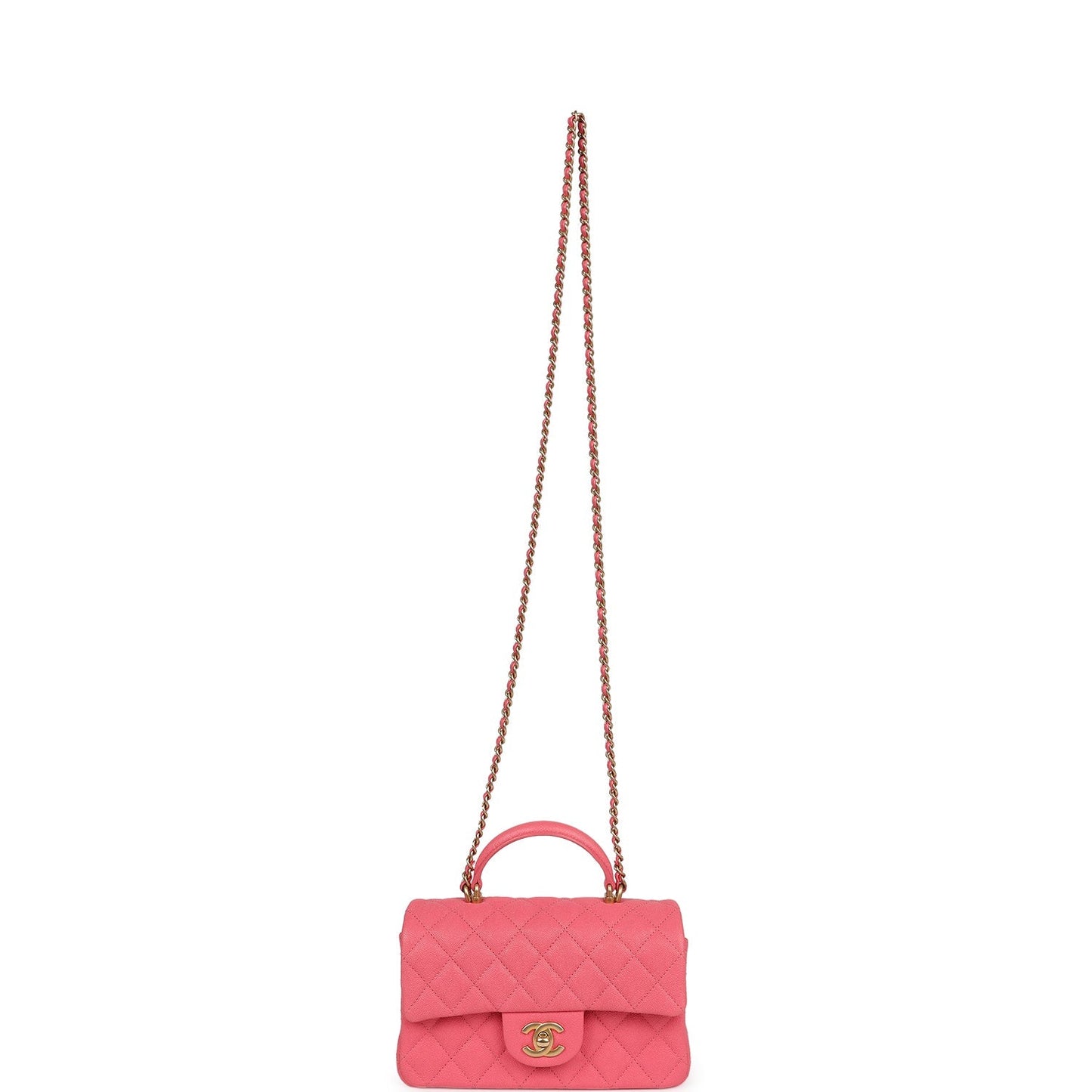 Chanel Mini Rectangular Flap with Top Handle Hot Pink Caviar Antique Gold Hardware
