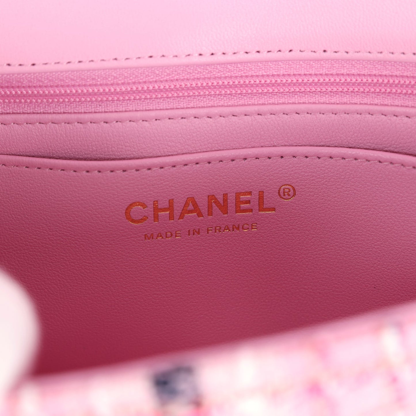 Chanel Mini Rectangular Flap Bag Pink, White and Black Tweed Light Gold Hardware