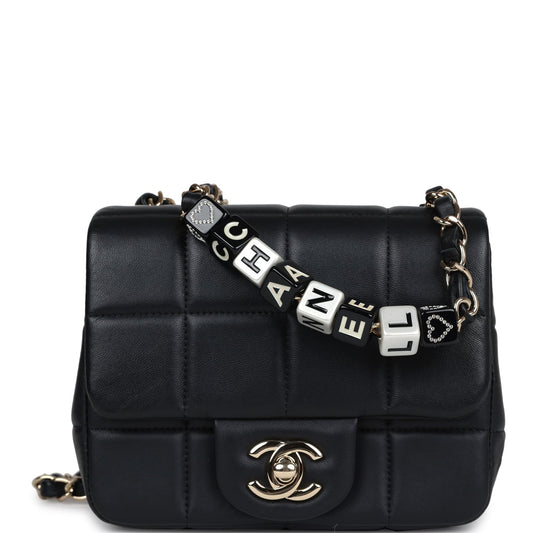 Chanel Monaco Mini Square Flap Bag Black Lambskin Light Gold Hardware