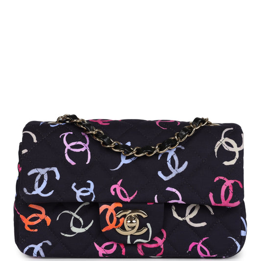 Chanel Mini Rectangular Flap Bag Navy Multicolored Printed Fabric Gold Hardware