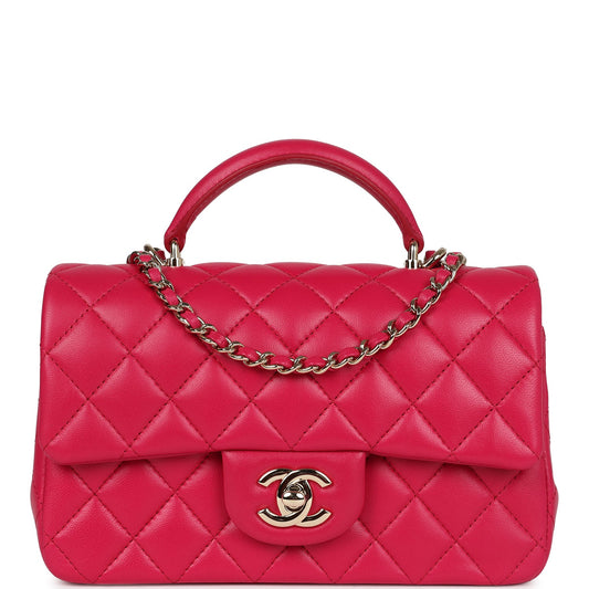 Chanel Mini Top Handle Rectangular Flap Bag Fuchsia Lambskin Light Gold Hardware