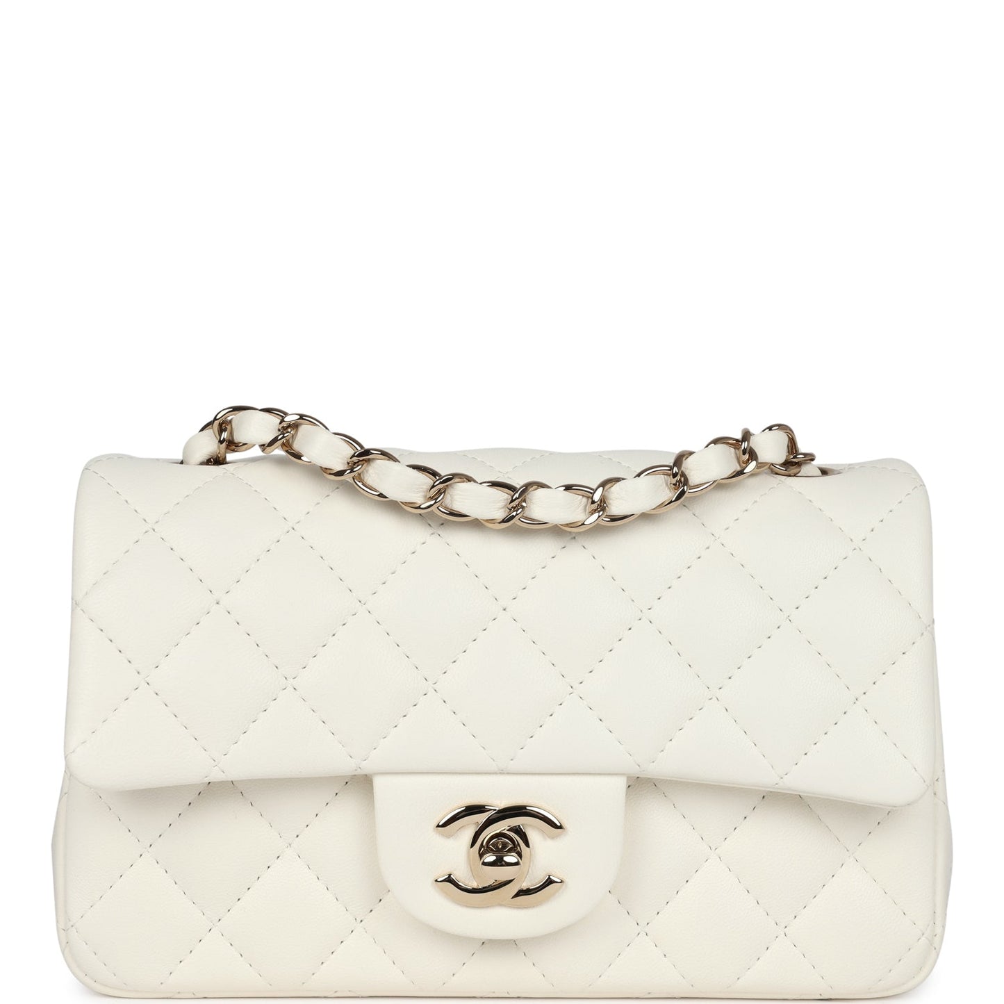 Chanel Mini Rectangular Flap Bag White Lambskin Light Gold Hardware