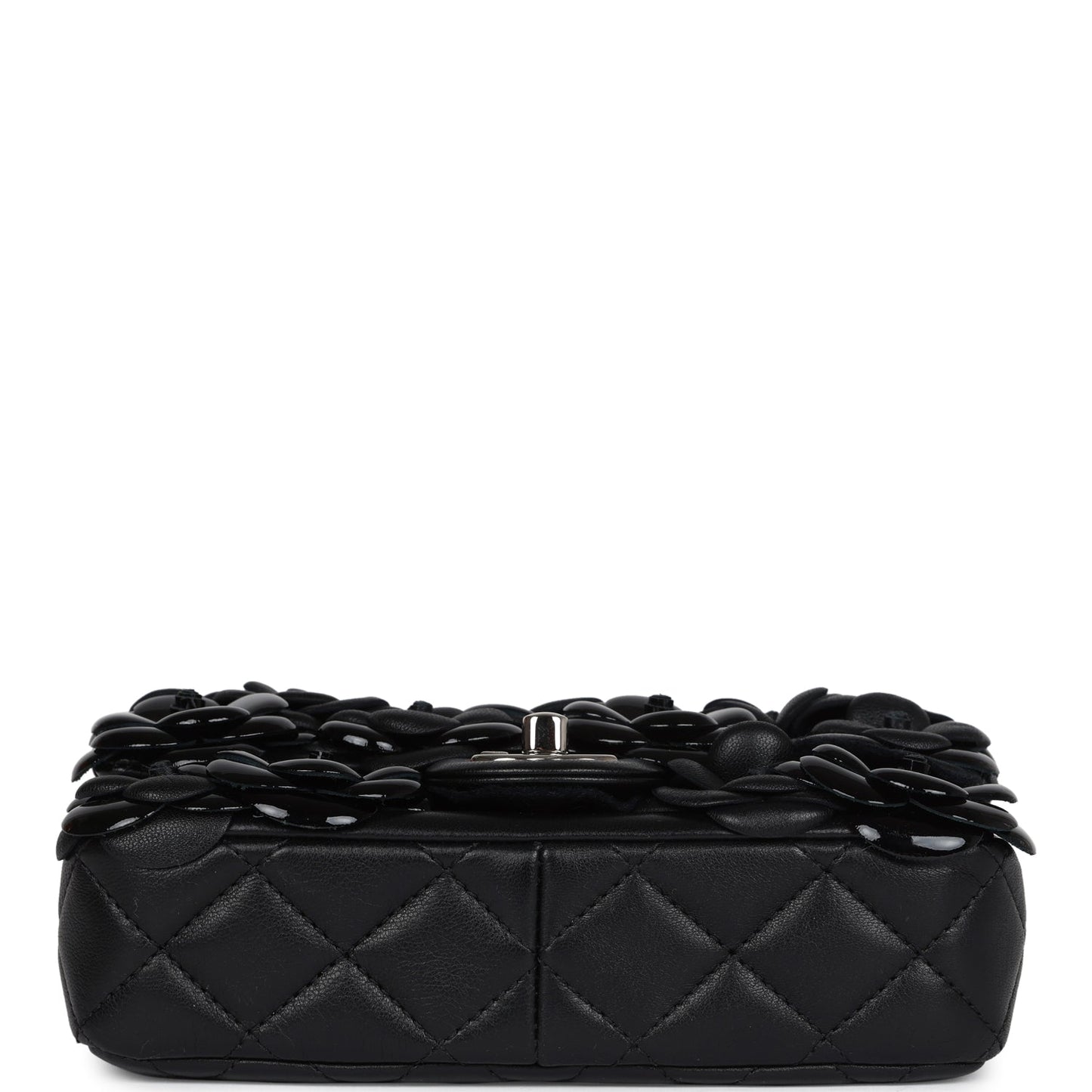 Chanel Mini Rectangular Camellia Flap Bag Black Lambskin and Patent Silver Hardware