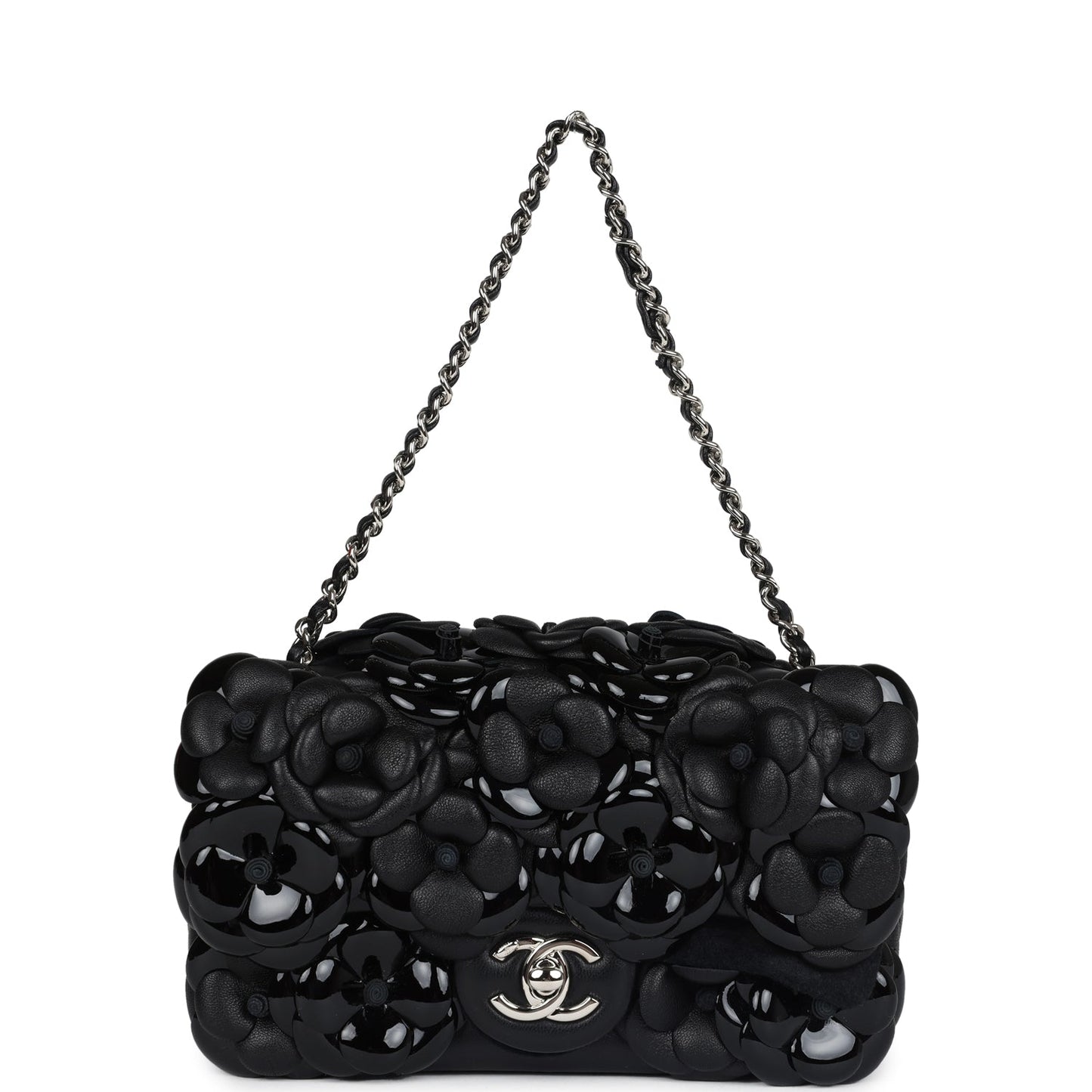 Chanel Mini Rectangular Camellia Flap Bag Black Lambskin and Patent Silver Hardware