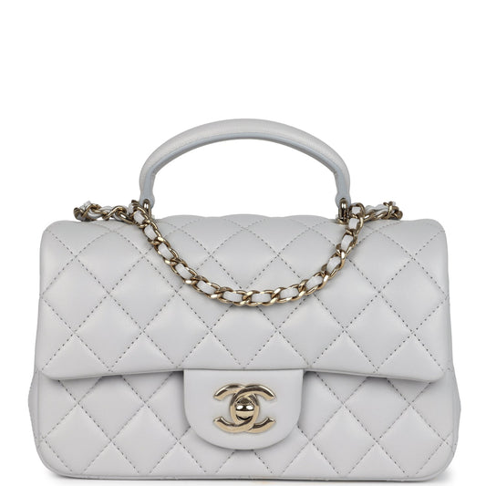Chanel Mini Rectangular Flap Bag with Top Handle Light Grey Lambskin Light Gold Hardware