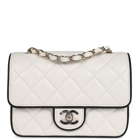 Chanel Mini Graphic Frame Flap Bag White and Black Lambskin Light Gold Hardware