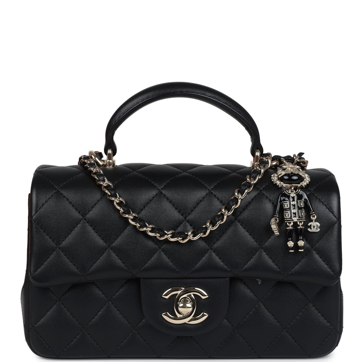 Chanel Mini Rectangular Top Handle Flap Bag Black Lambskin Light Gold Hardware