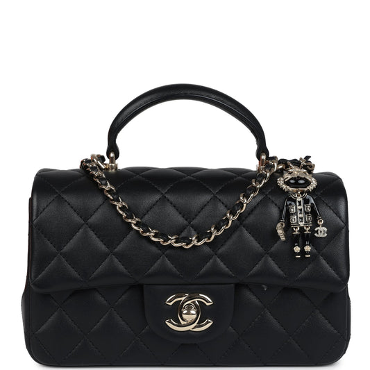 Chanel Mini Rectangular Top Handle Flap Bag Black Lambskin Light Gold Hardware