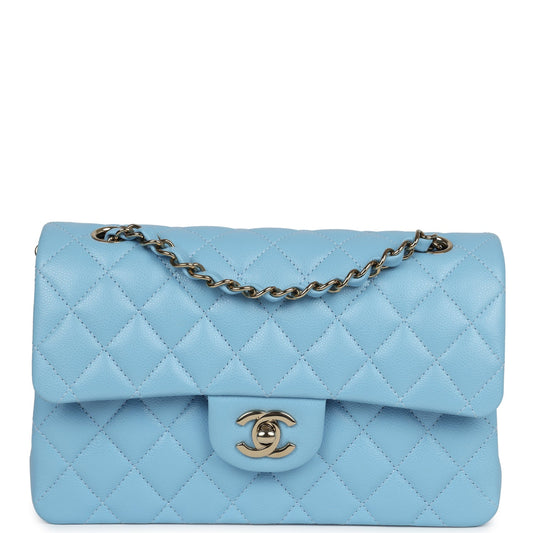 Chanel Small Classic Double Flap Bag Light Blue Caviar Gold Hardware