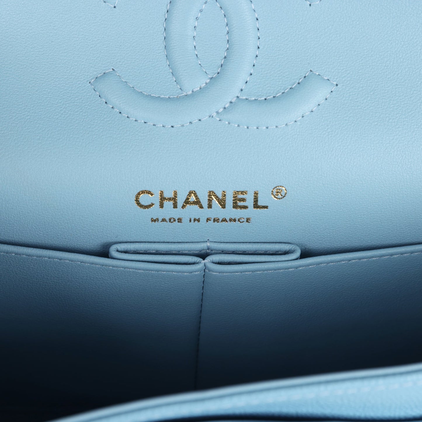 Chanel Small Classic Double Flap Bag Light Blue Caviar Gold Hardware