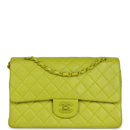 Vintage Chanel Medium Classic Double Flap Lime Green Lambskin Green Hardware