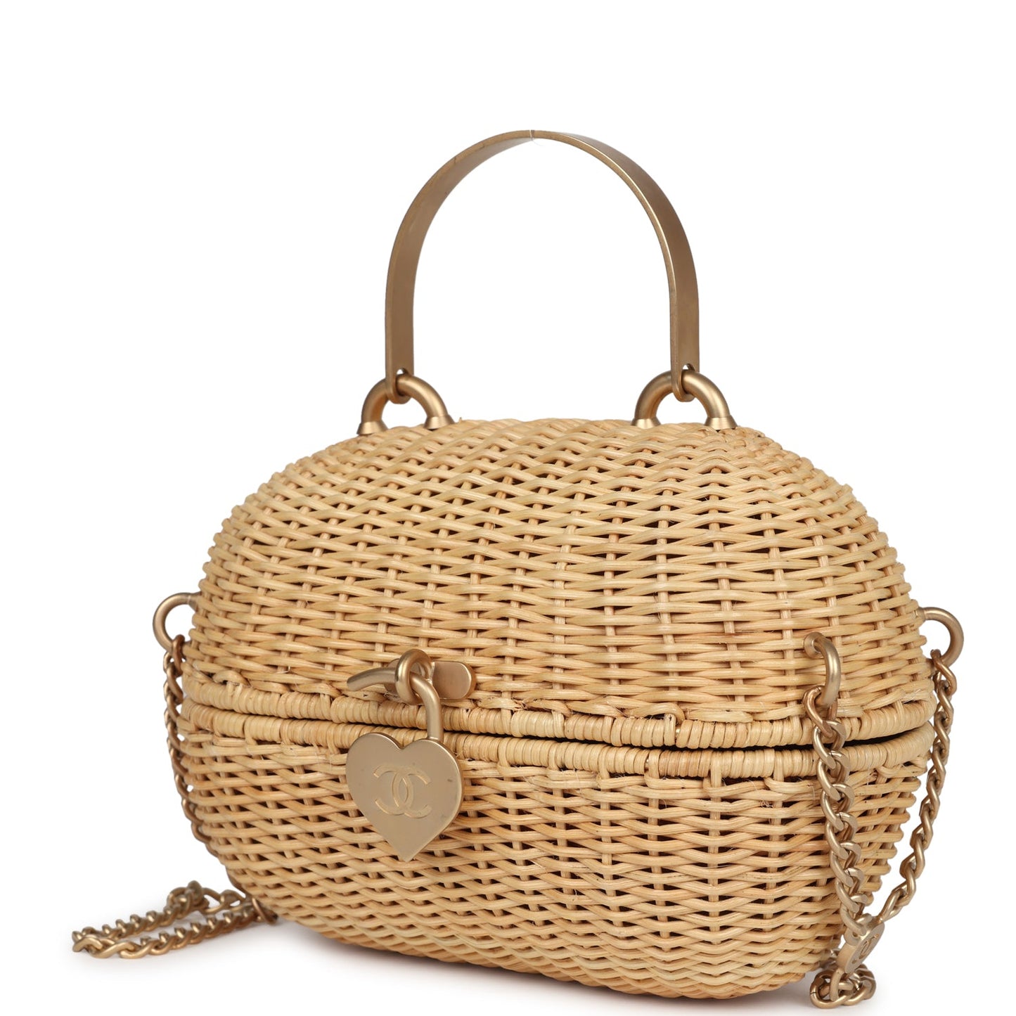 Vintage Chanel Small Heart Lock Basket Bag Natural Wicker Brushed Gold Hardware