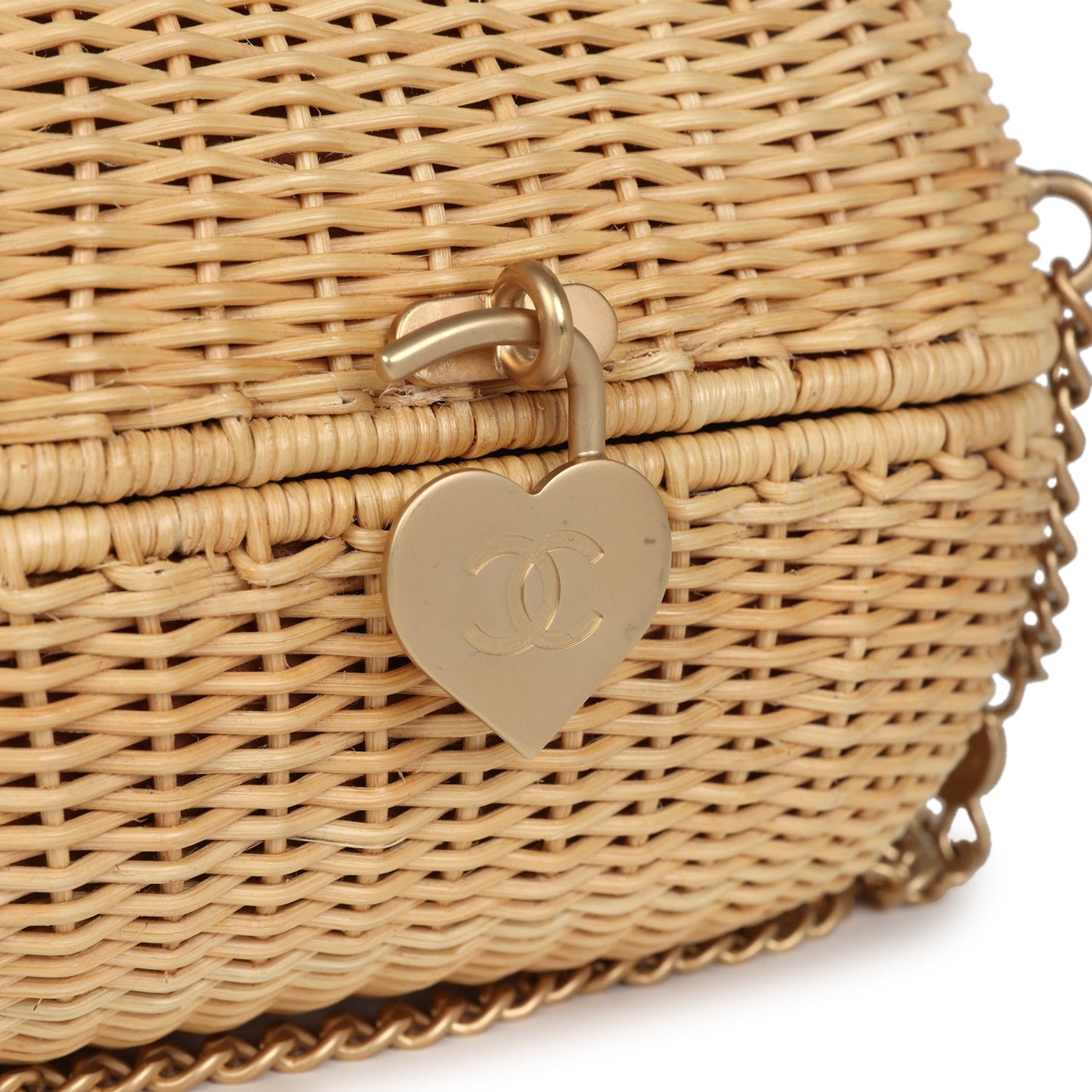 Vintage Chanel Small Heart Lock Basket Bag Natural Wicker Brushed Gold Hardware