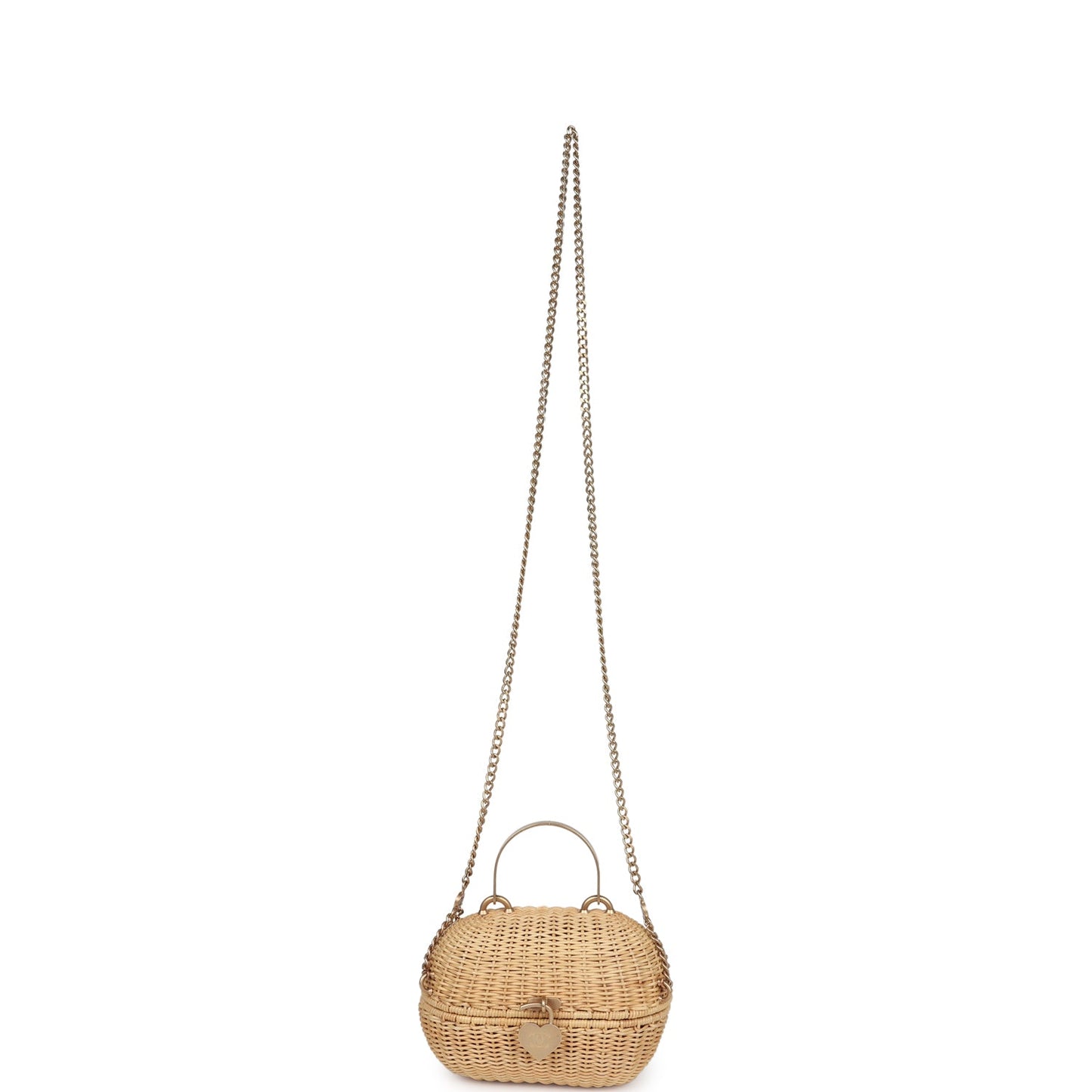 Vintage Chanel Small Heart Lock Basket Bag Natural Wicker Brushed Gold Hardware