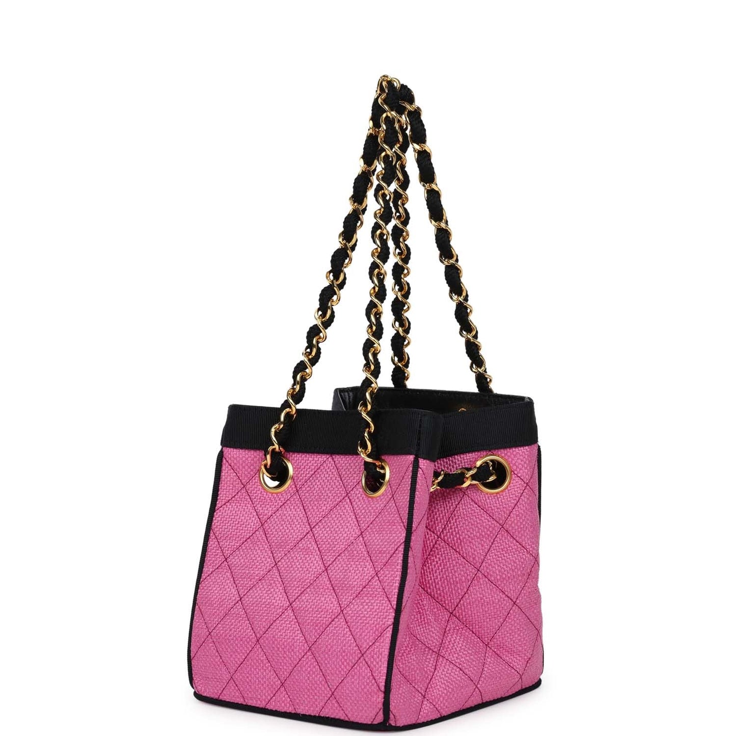 Vintage Chanel Set of Two Mini Bucket Bag & Oval Handbag Pink and Black Raffia Gold Hardware