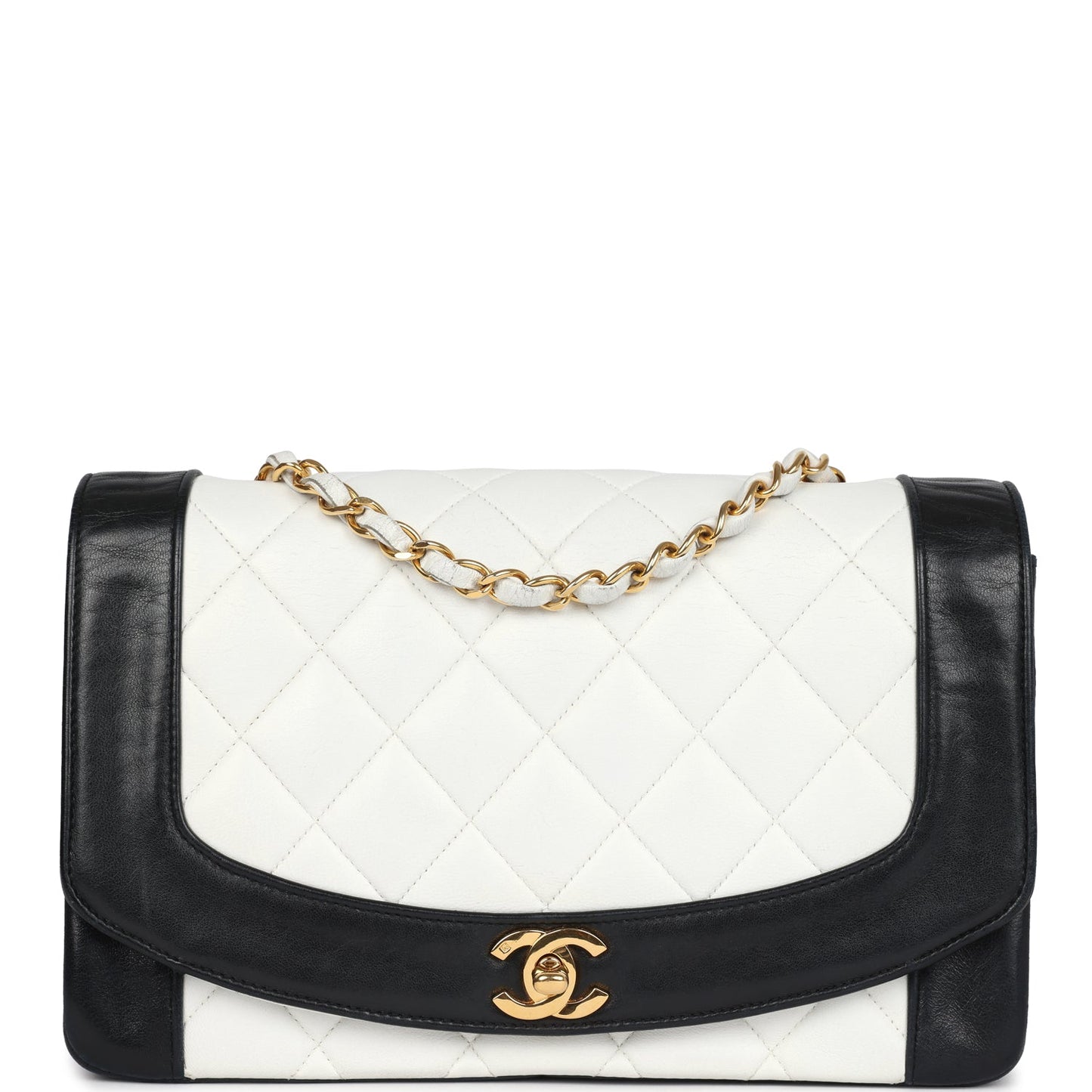Vintage Chanel Medium Diana Flap Bag White and Black Lambskin Gold Hardware