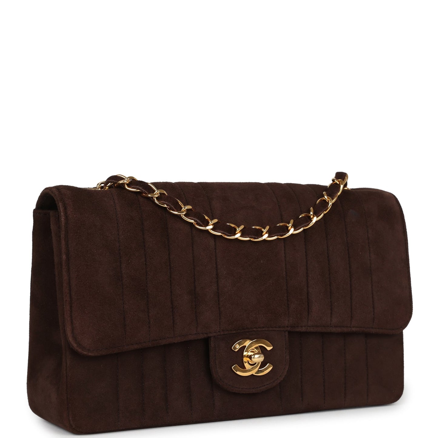 Vintage Chanel Medium Vertical Flap Bag Brown Suede Gold Hardware