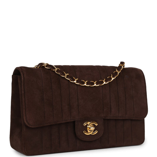 Vintage Chanel Medium Vertical Flap Bag Brown Suede Gold Hardware