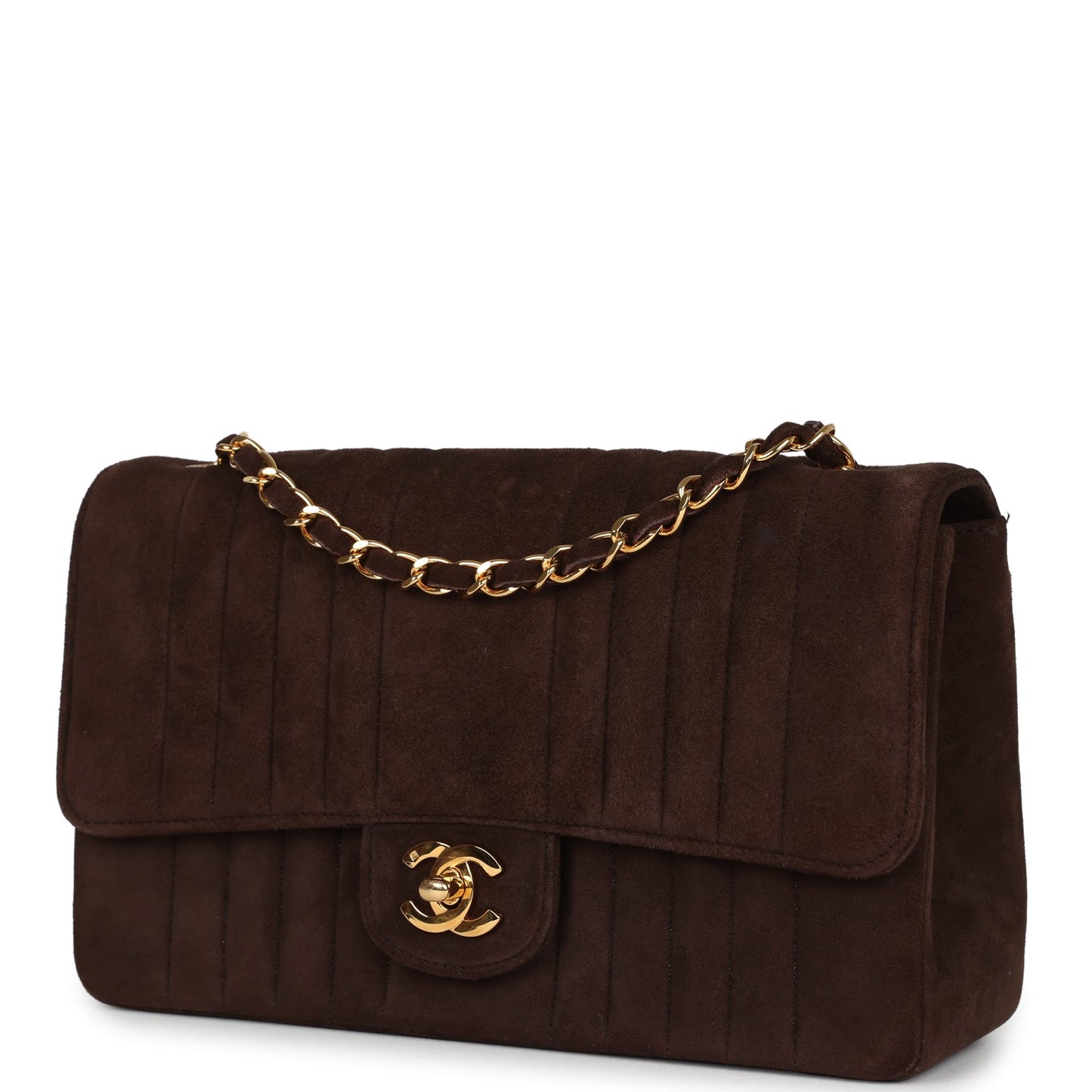 Vintage Chanel Medium Vertical Flap Bag Brown Suede Gold Hardware