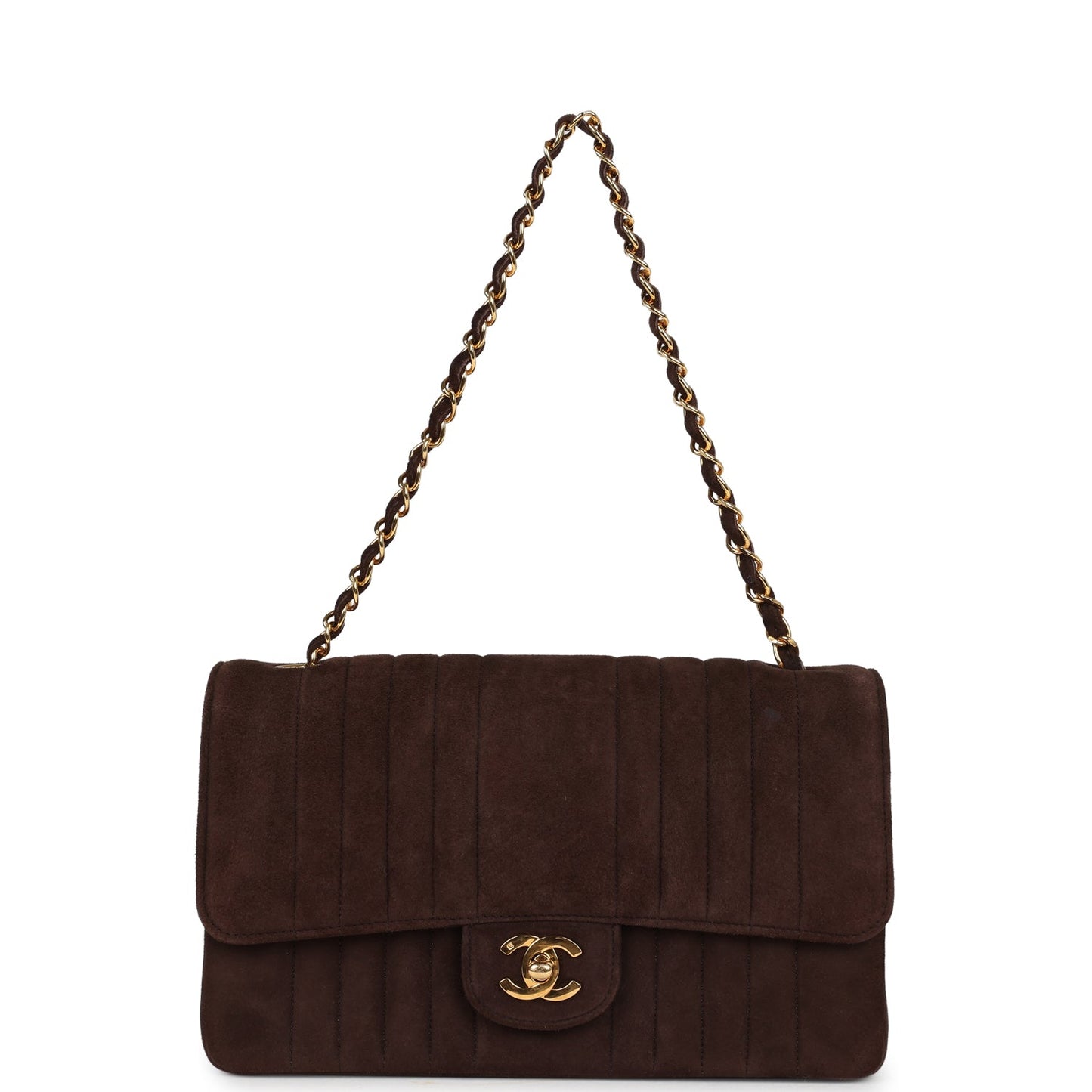 Vintage Chanel Medium Vertical Flap Bag Brown Suede Gold Hardware