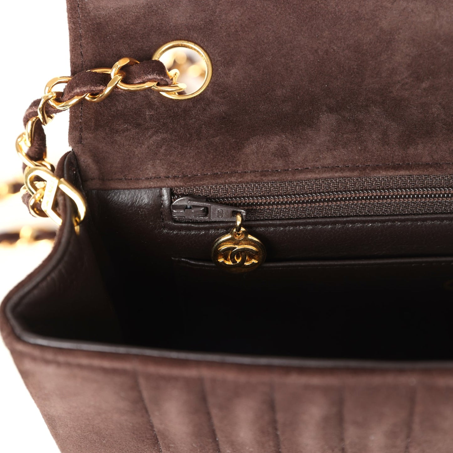 Vintage Chanel Medium Vertical Flap Bag Brown Suede Gold Hardware