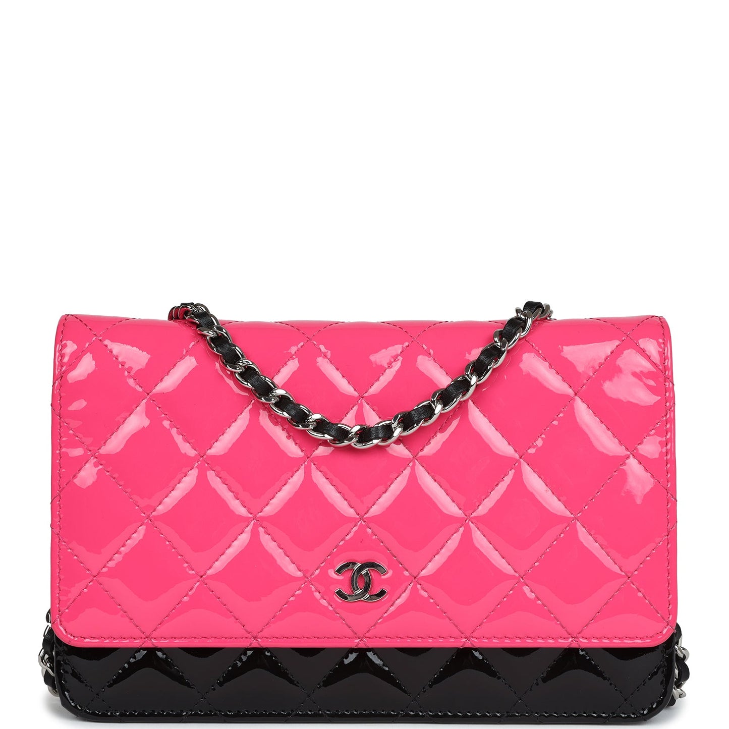 Chanel Classic Wallet On Chain WOC Pink & Black Patent Leather Silver Hardware