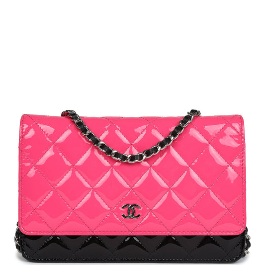 Chanel Classic Wallet On Chain WOC Pink & Black Patent Leather Silver Hardware