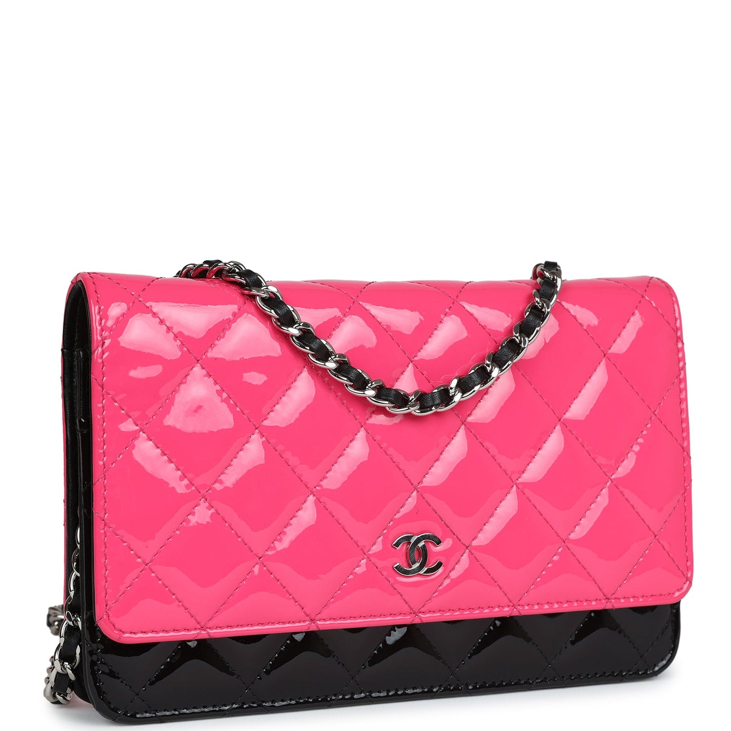 Chanel Classic Wallet On Chain WOC Pink & Black Patent Leather Silver Hardware