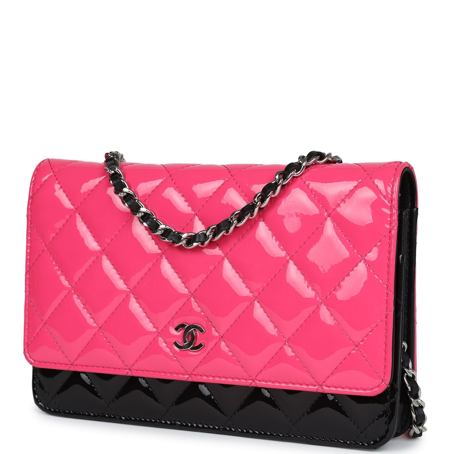 Chanel Classic Wallet On Chain WOC Pink & Black Patent Leather Silver Hardware