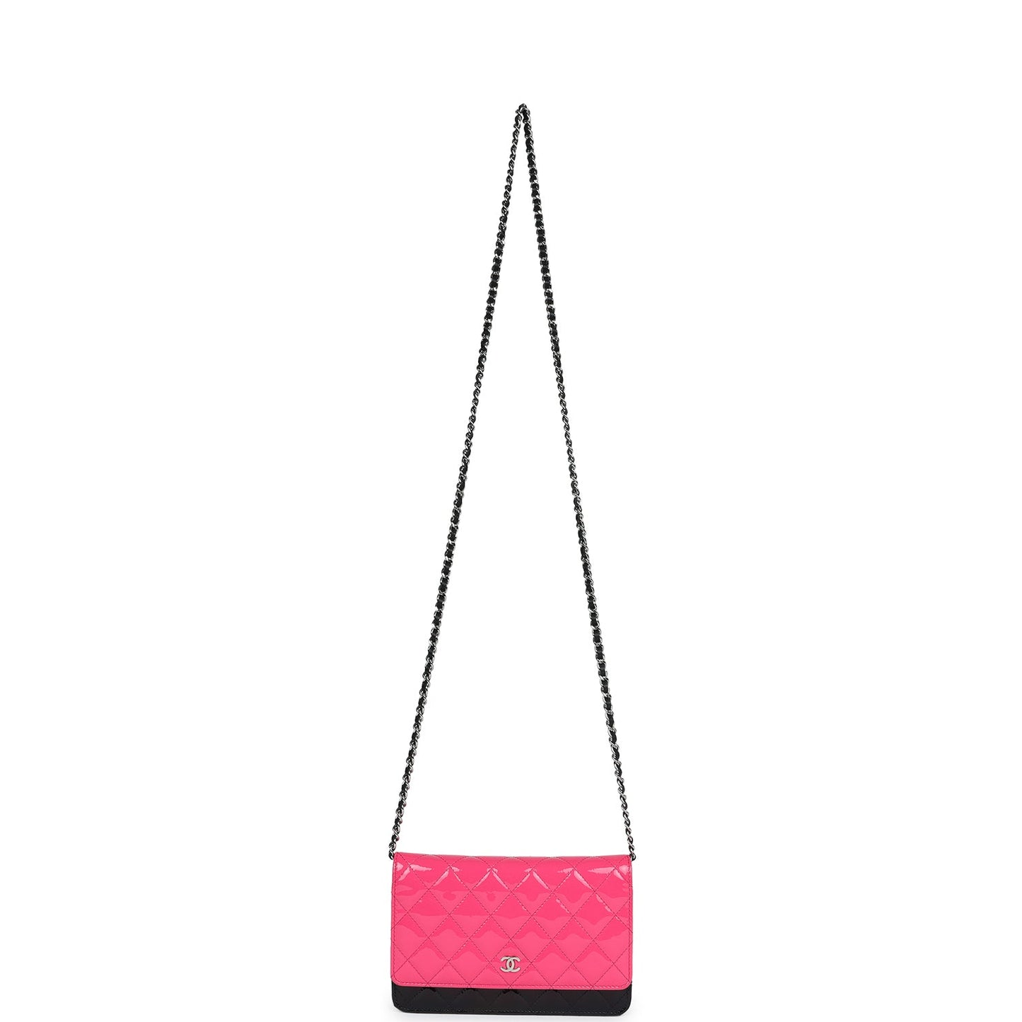 Chanel Classic Wallet On Chain WOC Pink & Black Patent Leather Silver Hardware