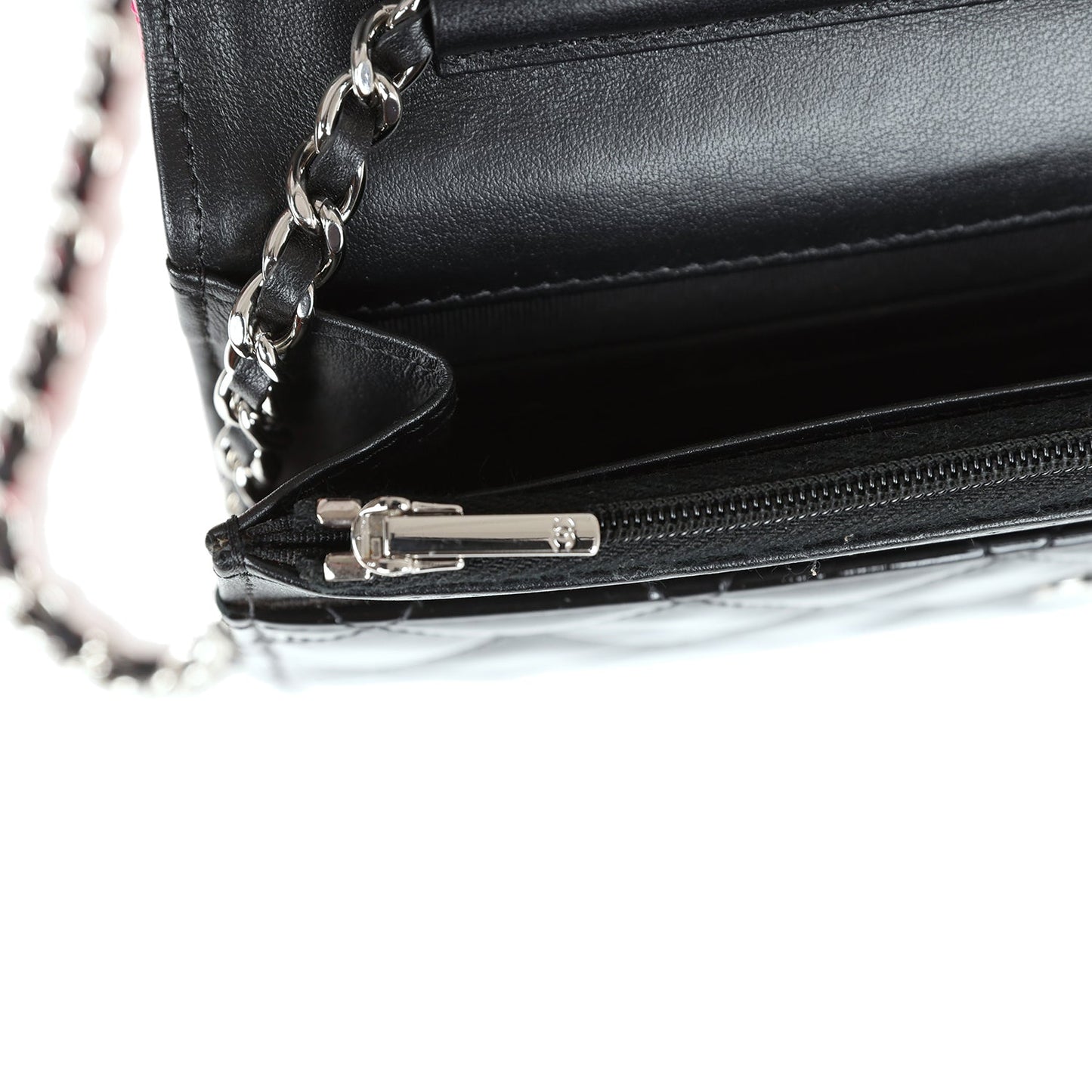 Chanel Classic Wallet On Chain WOC Pink & Black Patent Leather Silver Hardware