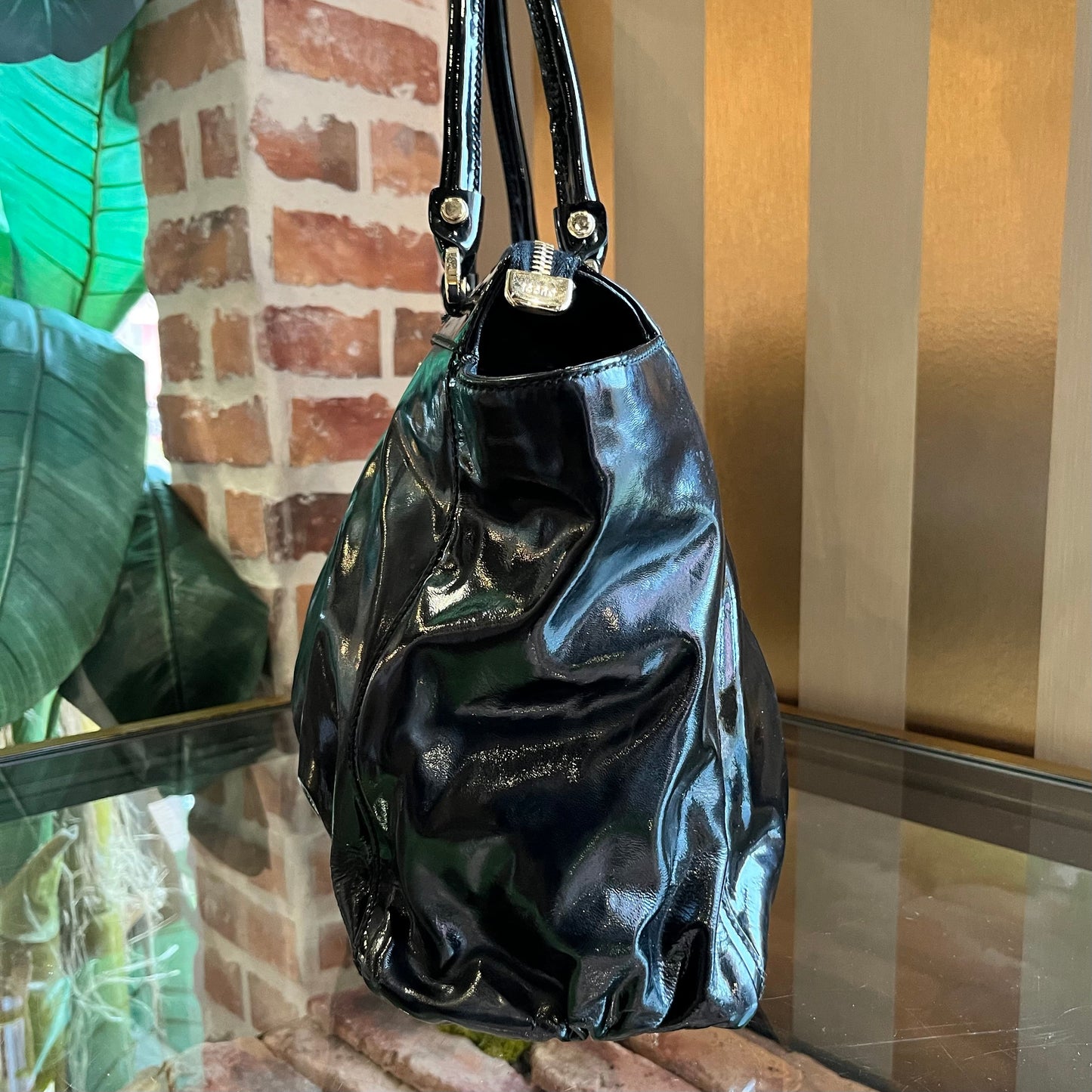 GUCCI Black Patent Leather D Ring Tote Bag