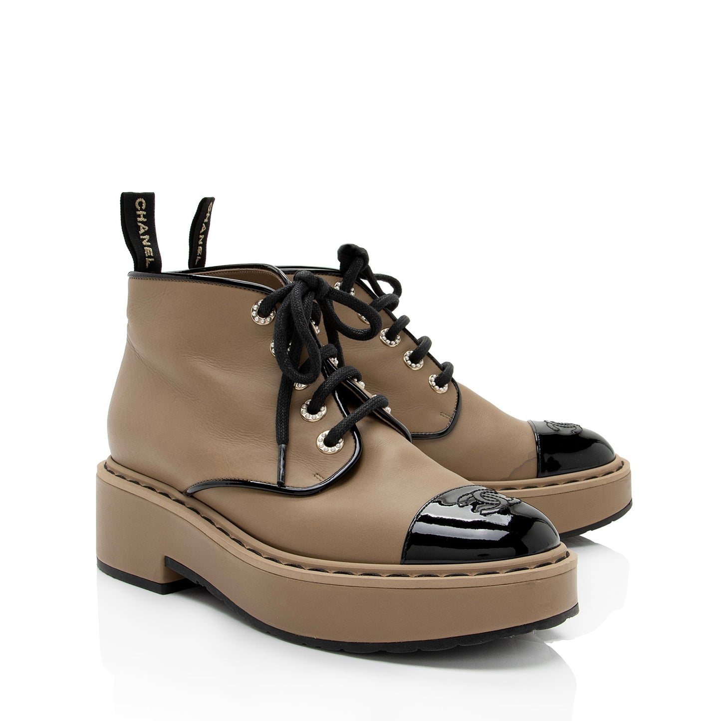 Chanel Calfskin CC Cap Toe Platform Ankle Boots - Size 9 / 39 (SHF-1C54SV)