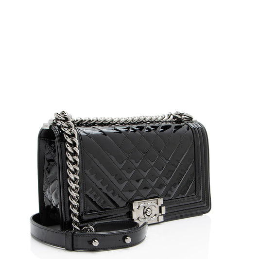 Chanel Chevron Patent Leather Old Medium Boy Bag