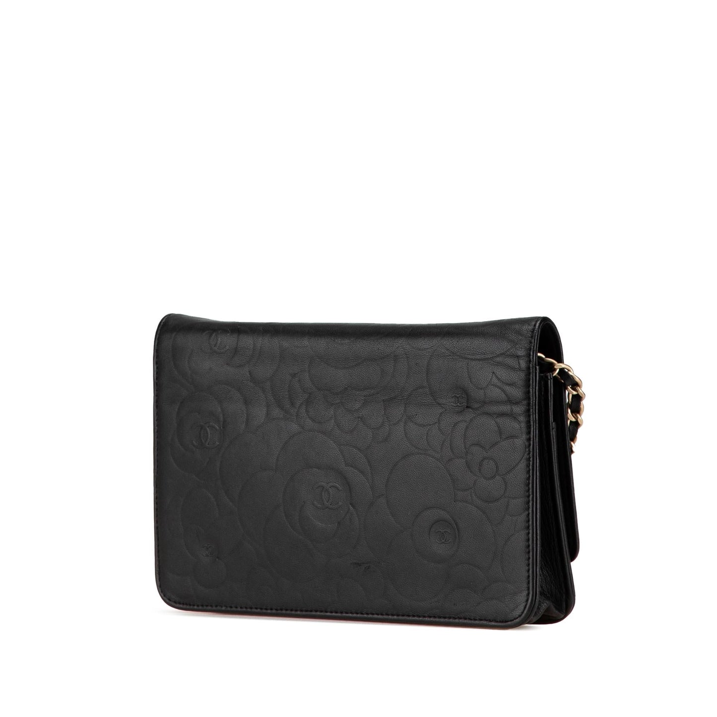 Chanel Lambskin Camellia Embossed Wallet On Chain