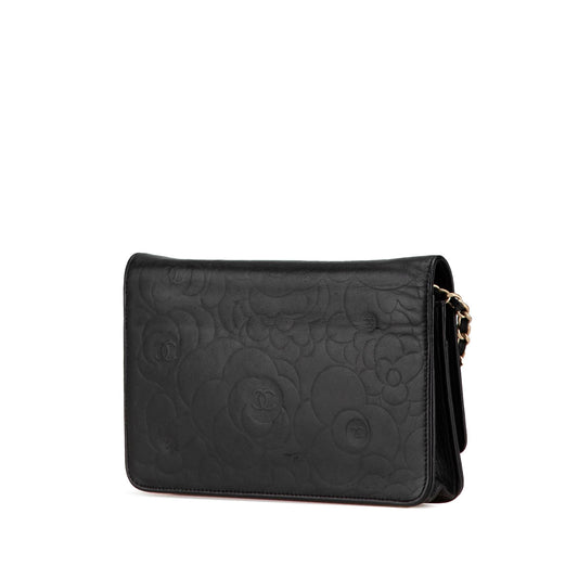 Chanel Lambskin Camellia Embossed Wallet On Chain