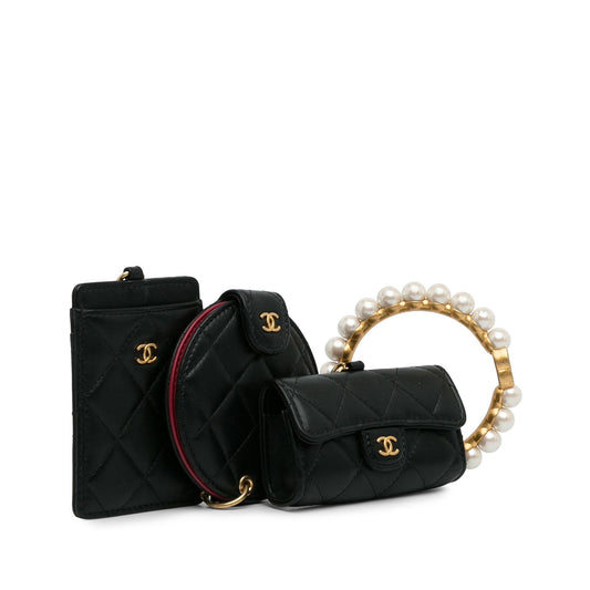 Chanel Lambskin Pearl Crown CC Wristlet Multi Pouches