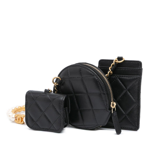 Chanel Lambskin Pearl Crown CC Wristlet Multi Pouches