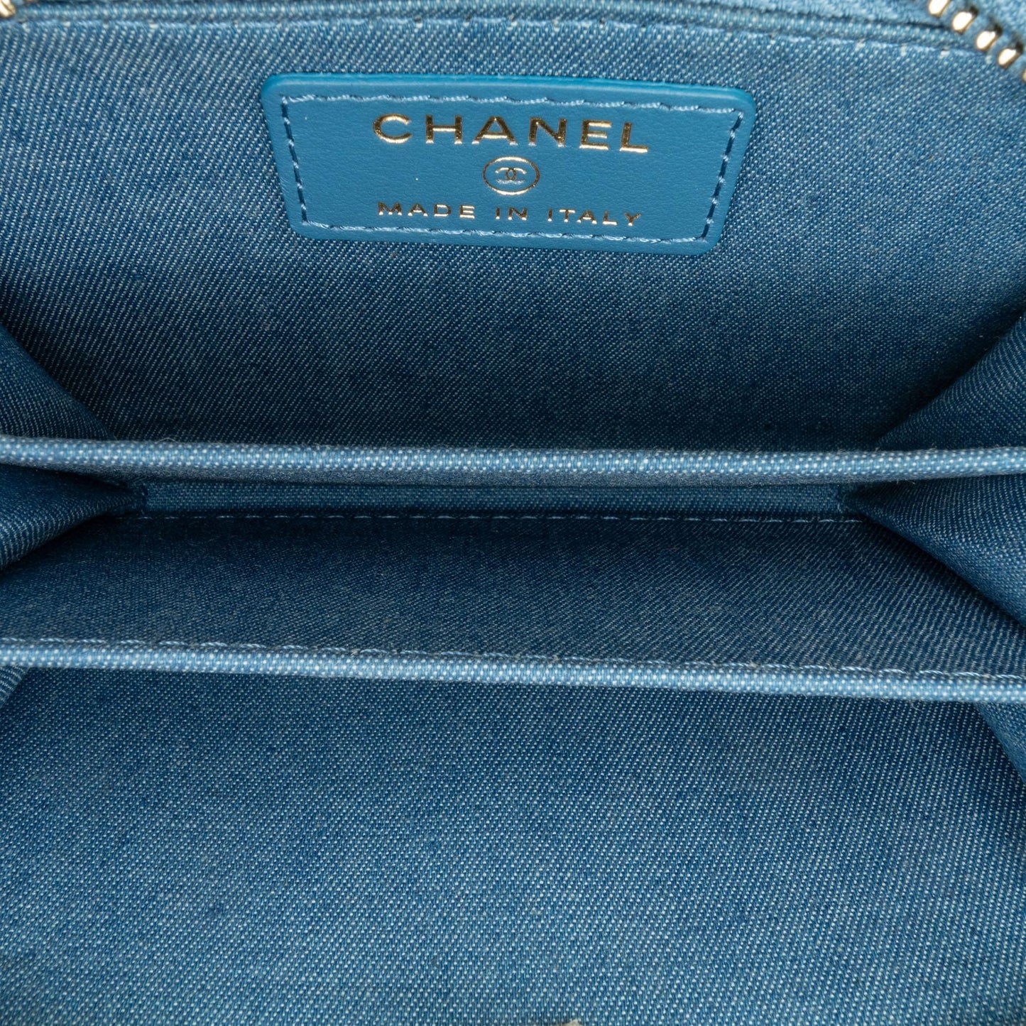 Chanel Mini Denim Pearl Crush Card Holder On Chain