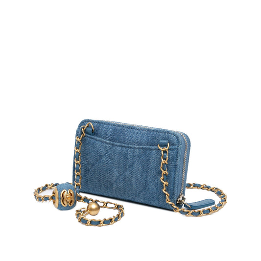 Chanel Mini Denim Pearl Crush Card Holder On Chain