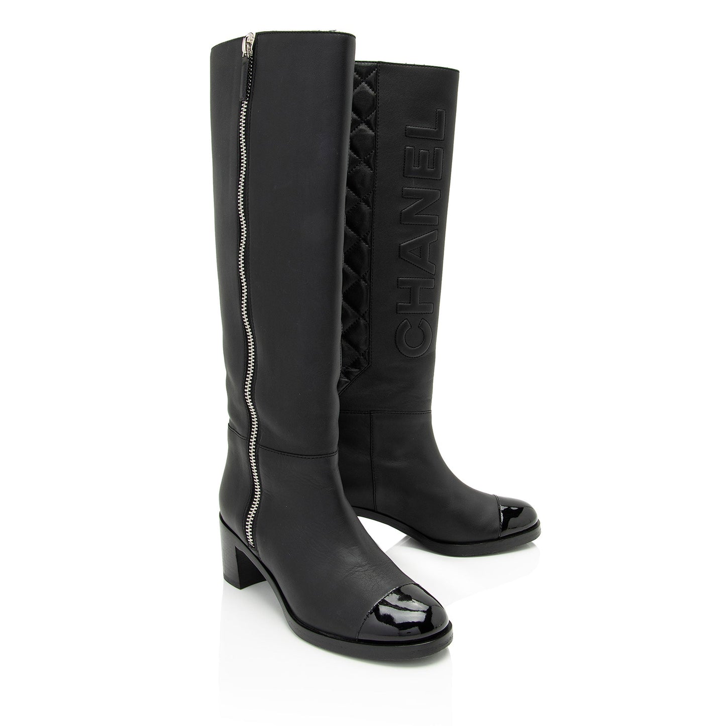 Chanel Quilted Calfskin Patent Leather Cap Toe Logo Boots - Size 7 / 37 (SHF-1bljRC)