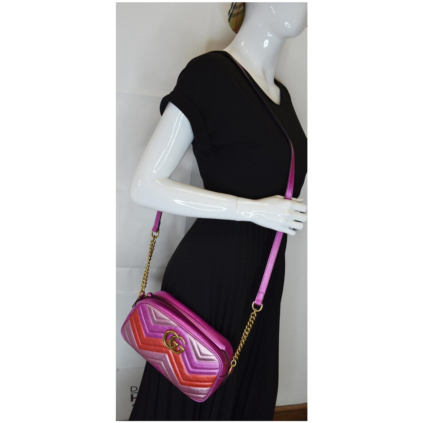 GUCCI Marmont Chevron Small Metallic Leather Crossbody Bag Tri-color 447632