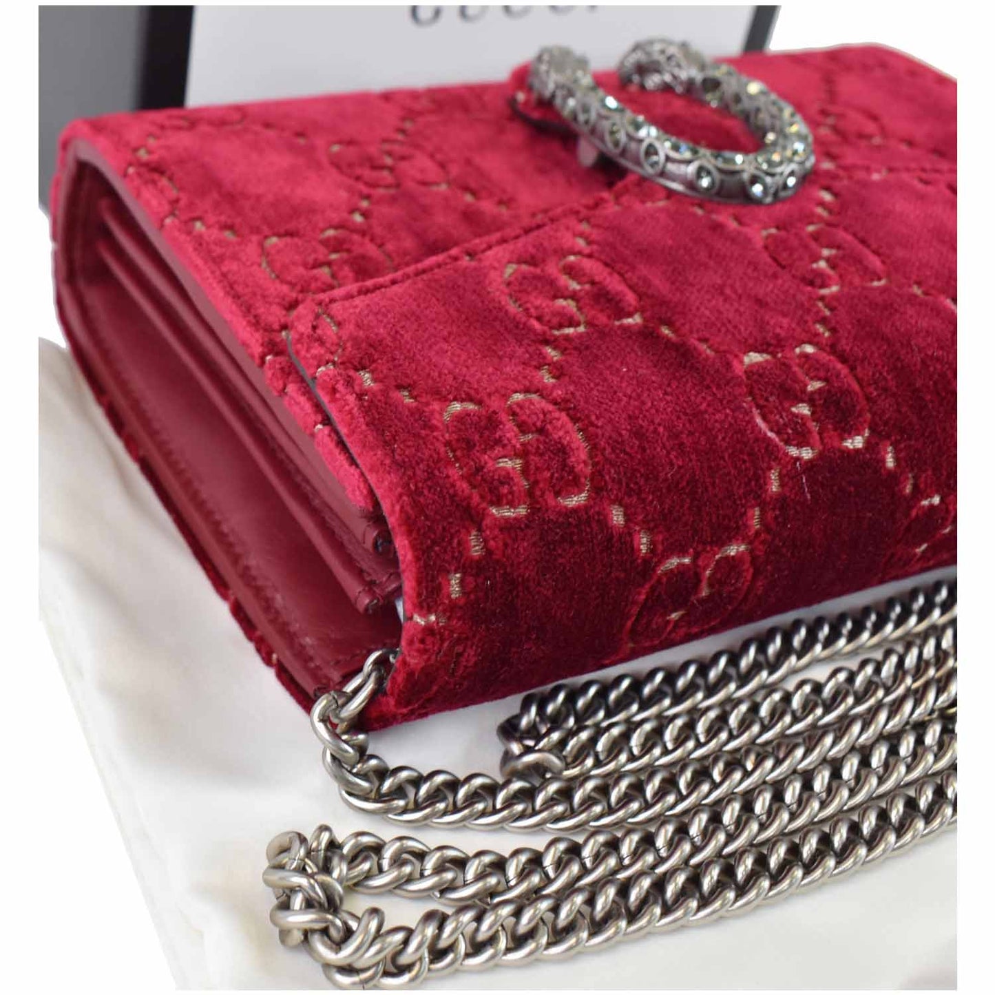 GUCCI Dionysus Mini Velvet GG Monogram Crossbody Chain Wallet Red 401231