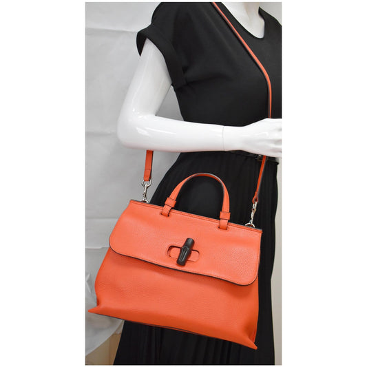 GUCCI Bamboo Daily Medium Leather Shoulder Bag Orange 392013