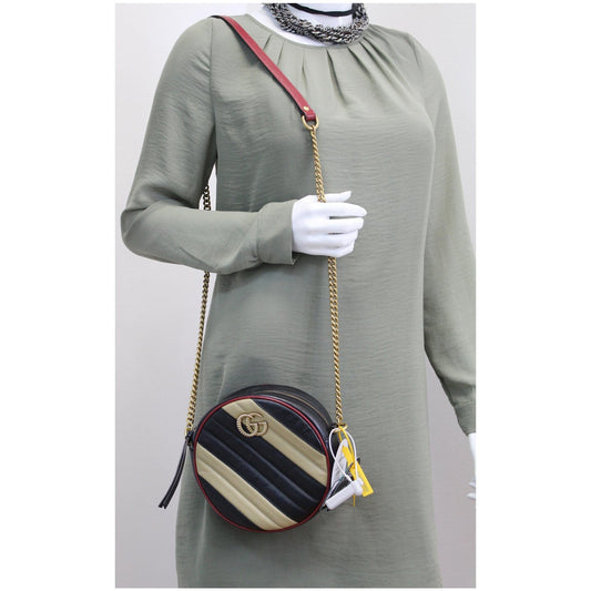 GUCCI Stripe GG Marmont Mini Round Leather Crossbody Bag Black/Beige 550154