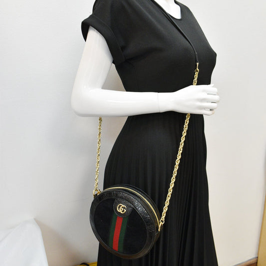 GUCCI Ophidia Mini GG Round Web Leather Crossbody Bag Black 550618