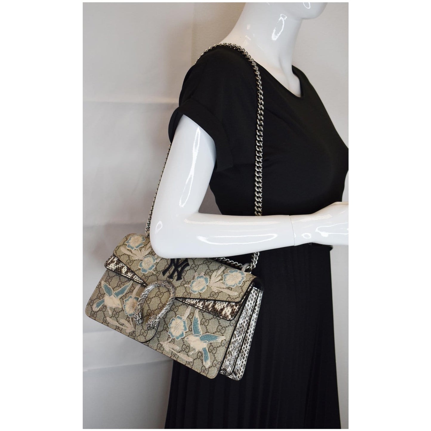 GUCCI Dionysus Small Supreme Python NY Yankees Patch Shoulder Bag Beige 400249