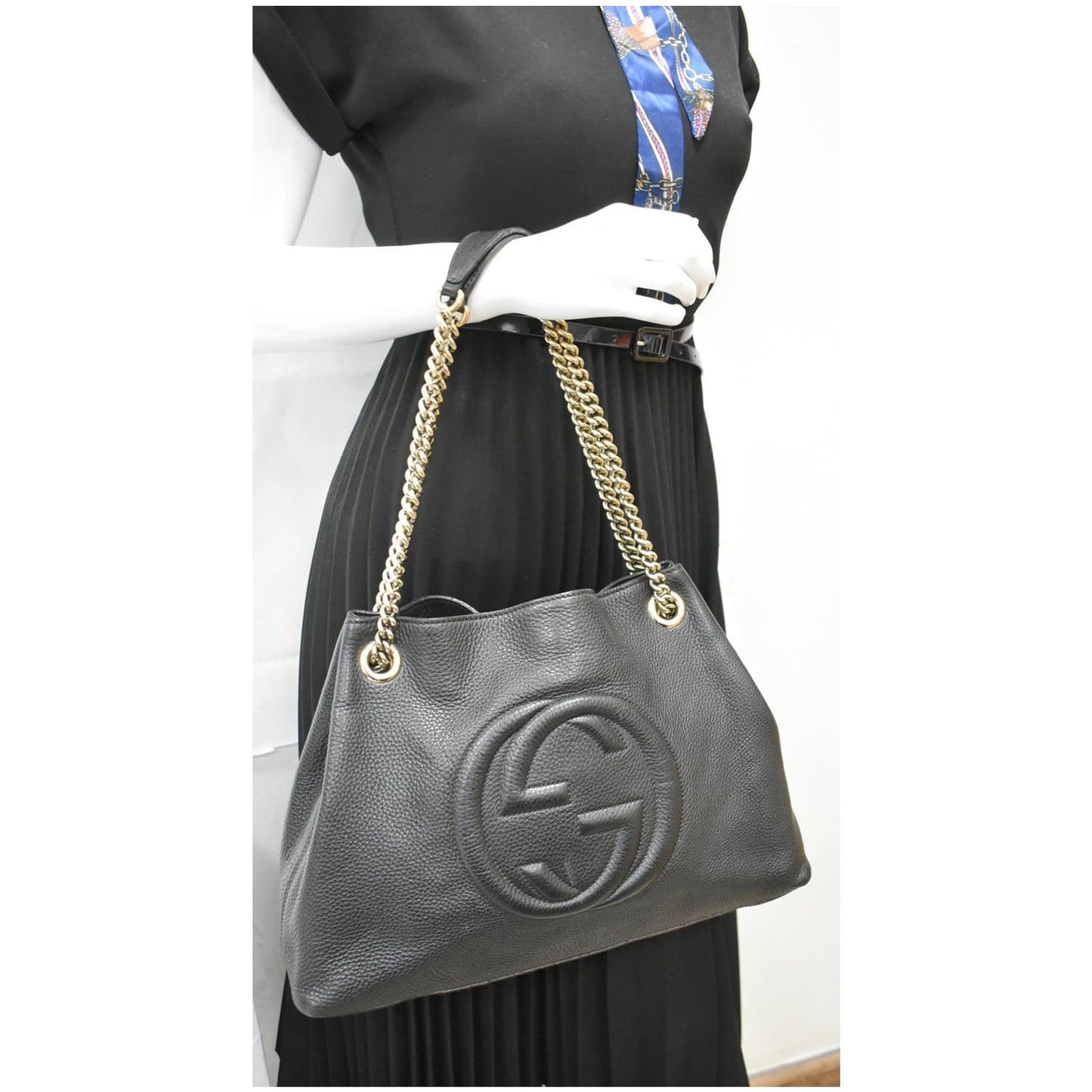 GUCCI Soho Pebbled Leather Chain Shoulder Bag 308982 Black