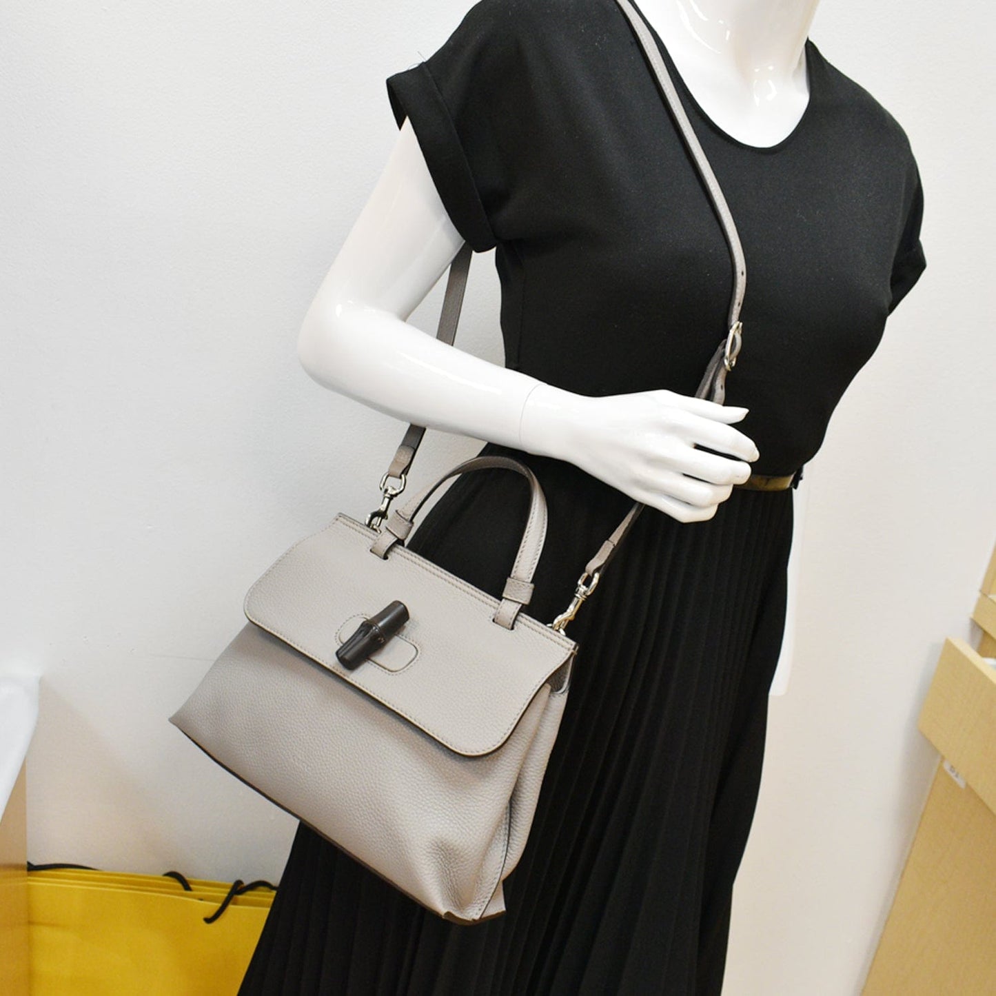 GUCCI Bamboo Daily Small Leather Shoulder Bag Grey 370831