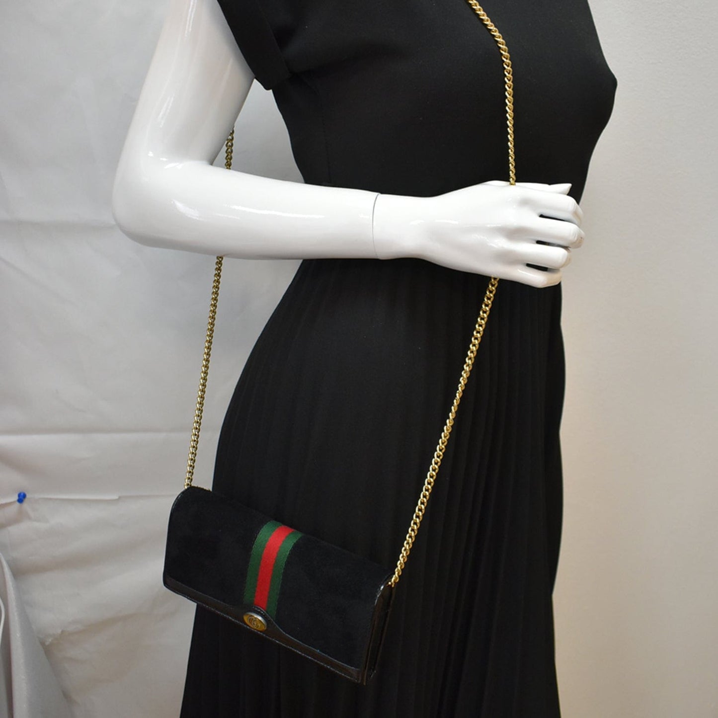 GUCCI Ophidia Suede Patent Web Leather Wallet On Chain Crossbody Bag Black 546592